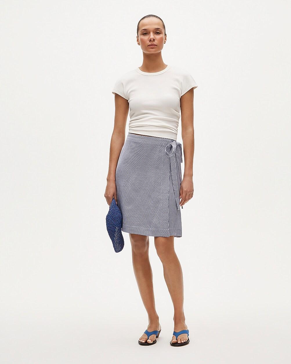 Tall knee-length wrap skirt in gingham linen blend by J.CREW