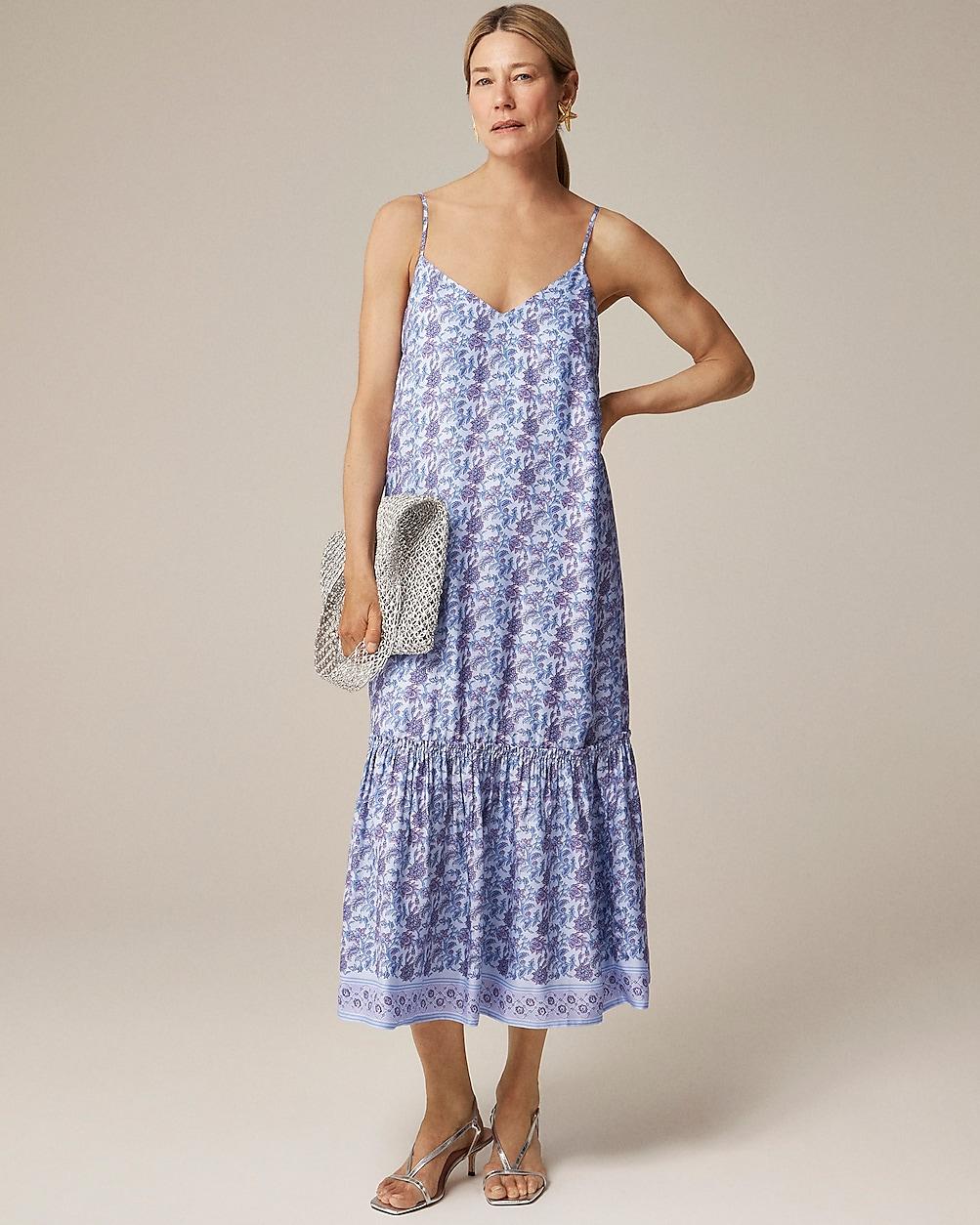 Tiered tie-waist dress in dusty periwinkle block print by J.CREW