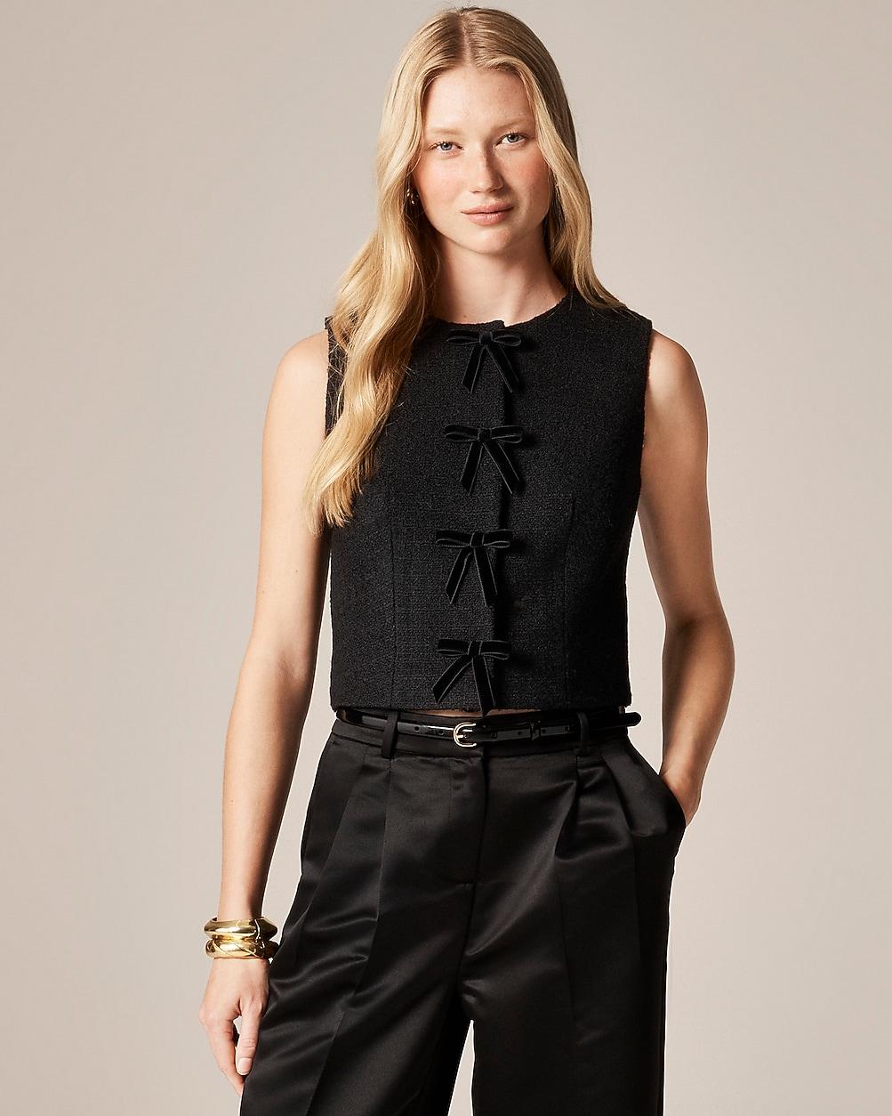 Tweed crewneck vest with velvet bows by J.CREW