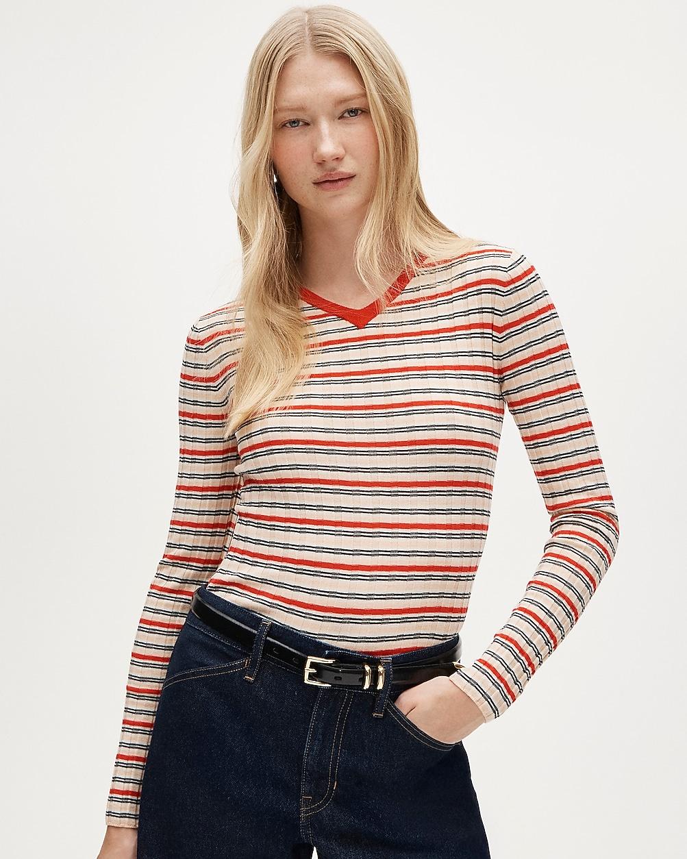 Wide-rib high V-neck sweater in striped merino wool by J.CREW