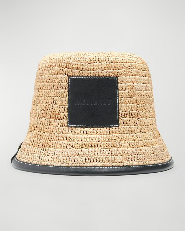 Le Bob Soli Raffia & Black Leather Bucket Hat by JACQUEMUS