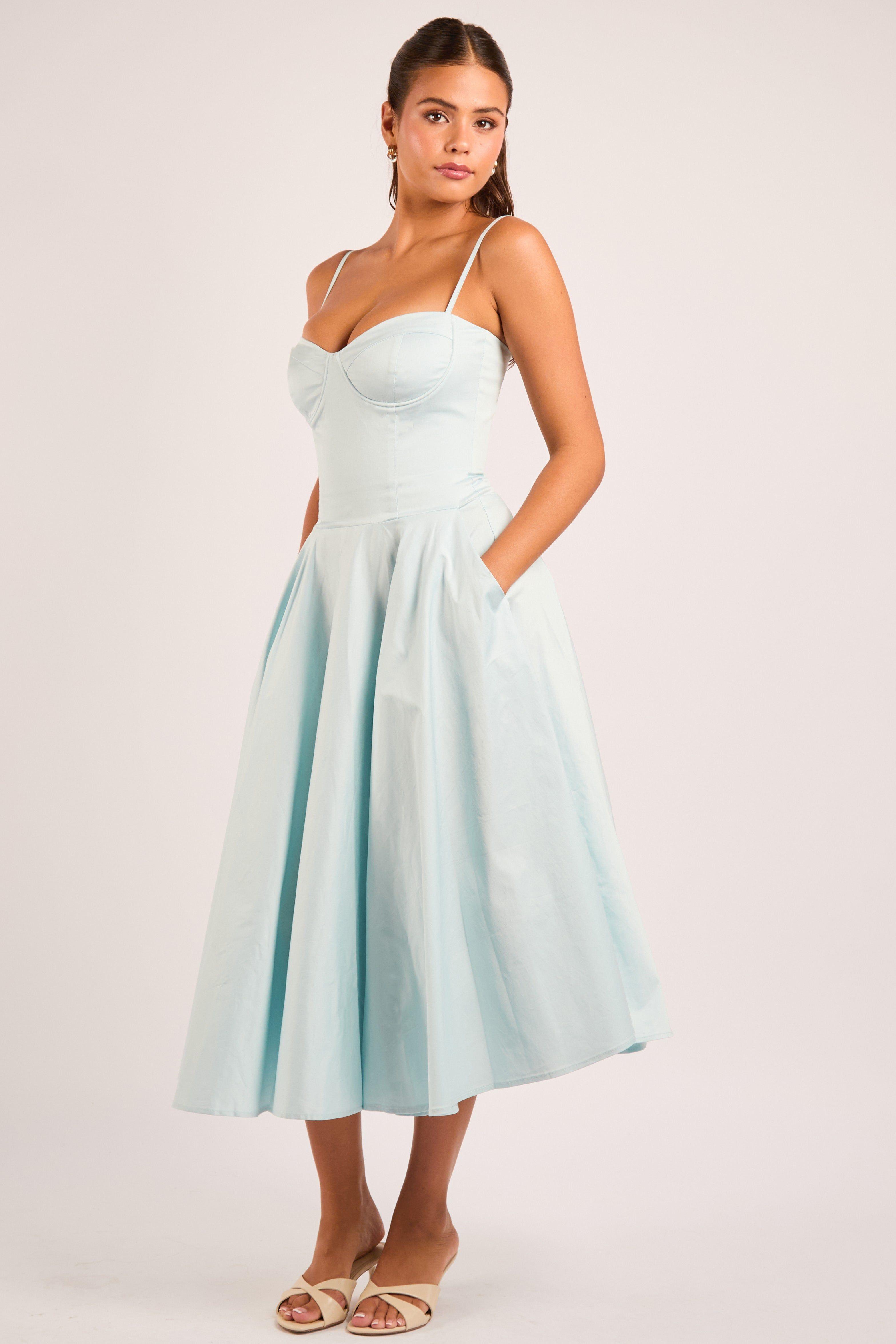 Jade Baby Blue Cotton Corset Midi Dress by JADED ROSE