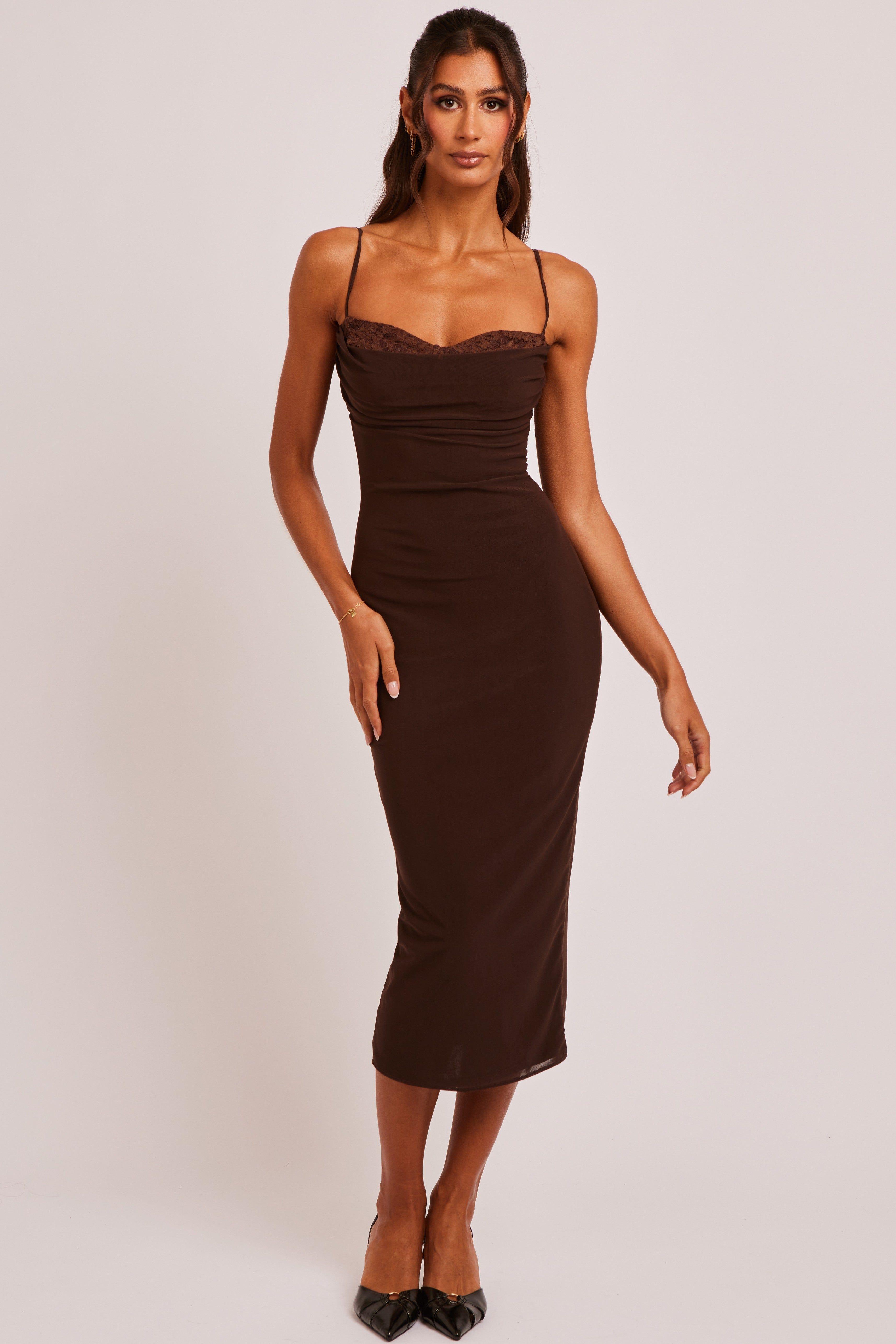 Kimaya Chocolate Brown Lace Bustier Midaxi Dress by JADED ROSE