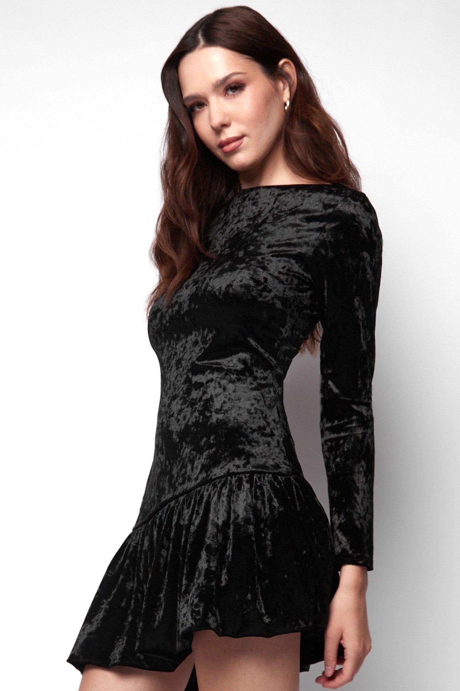 Kyra Black Velvet Bubble Hem Mini Dress by JADED ROSE