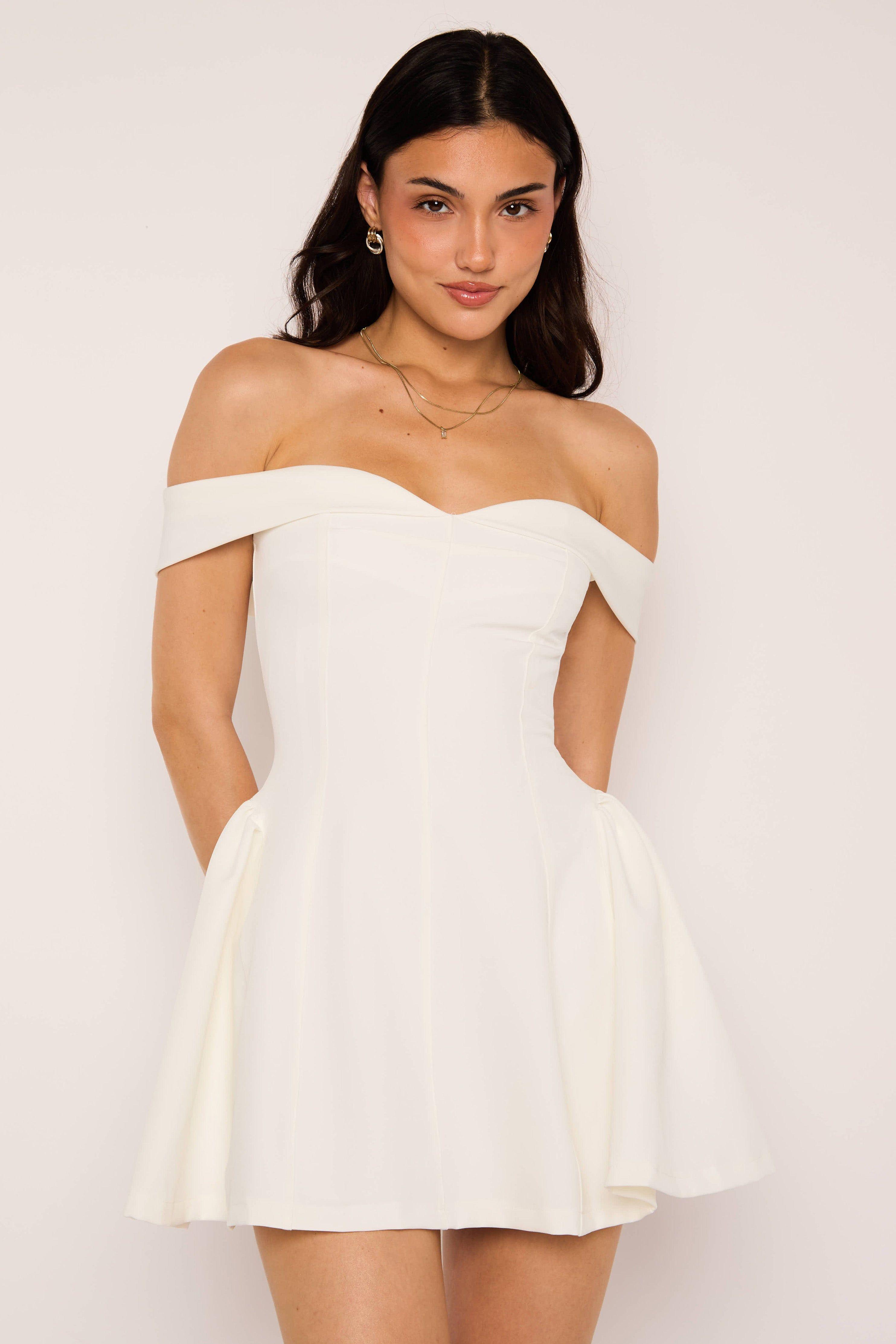 Lady White Bardot A Line Mini Dress by JADED ROSE
