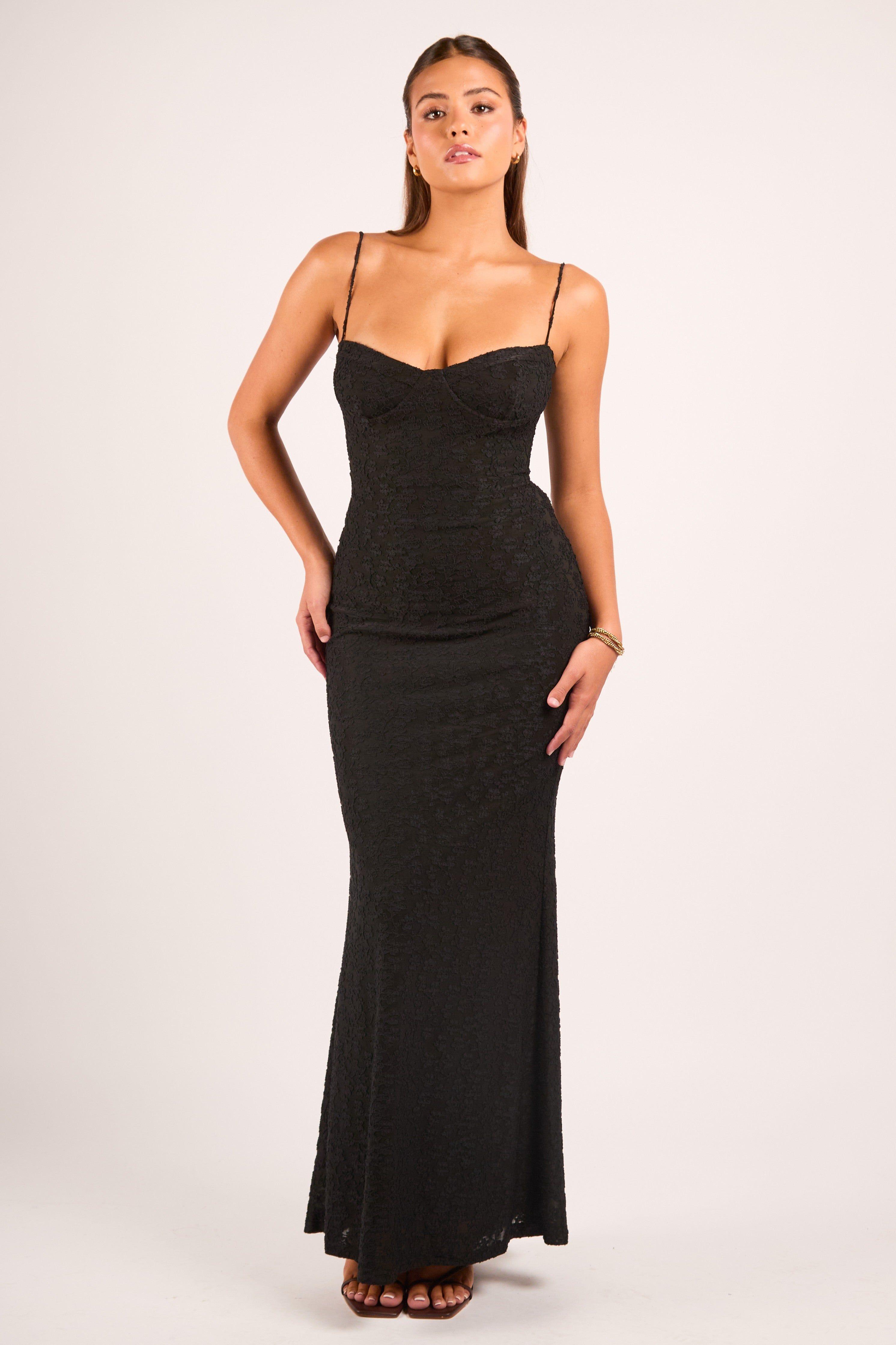 Taria Black Floral Flocked Corset Bustier Maxi Dress by JADED ROSE