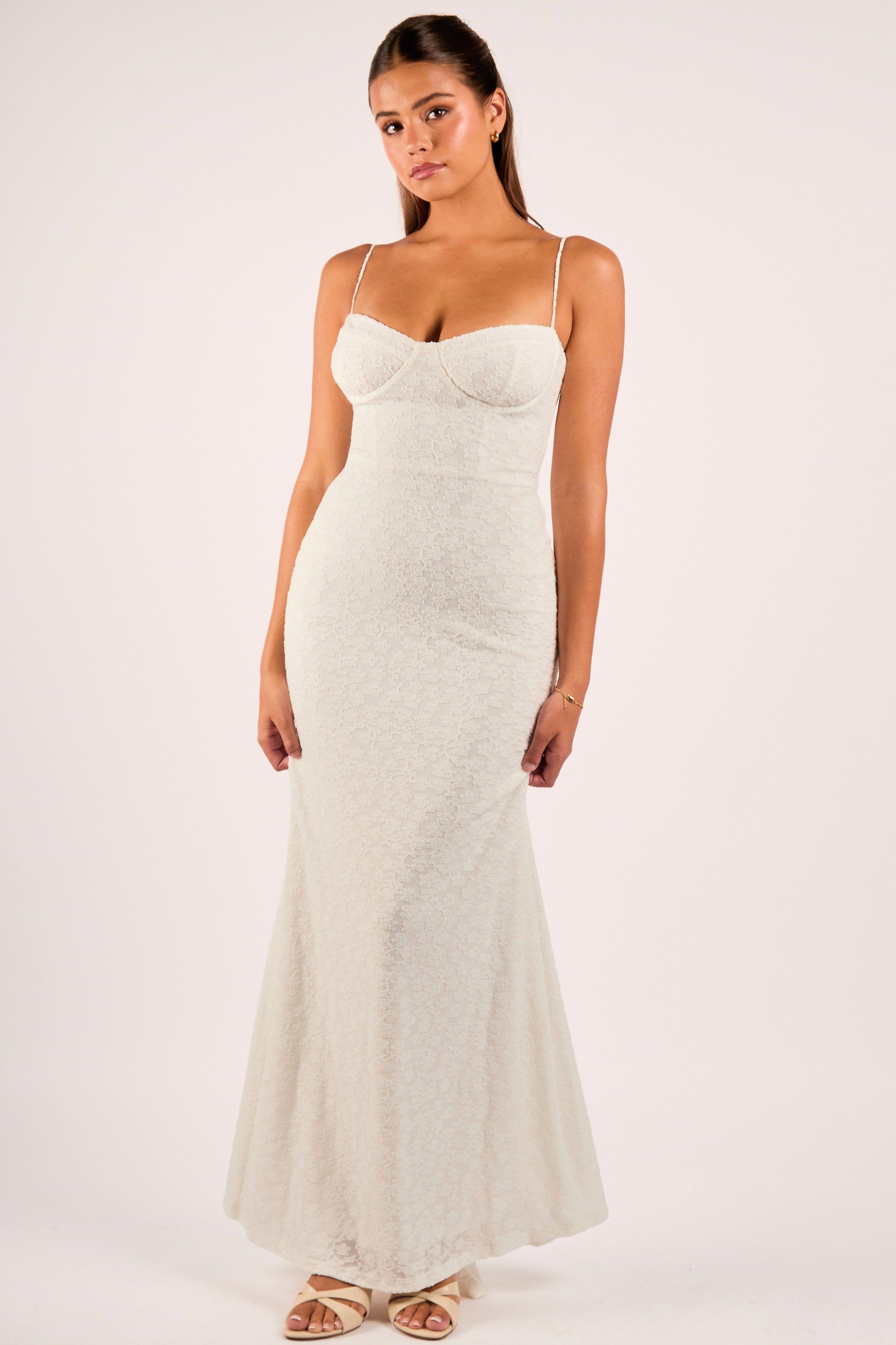 Taria White Floral Flocked Corset Bustier Maxi Dress by JADED ROSE