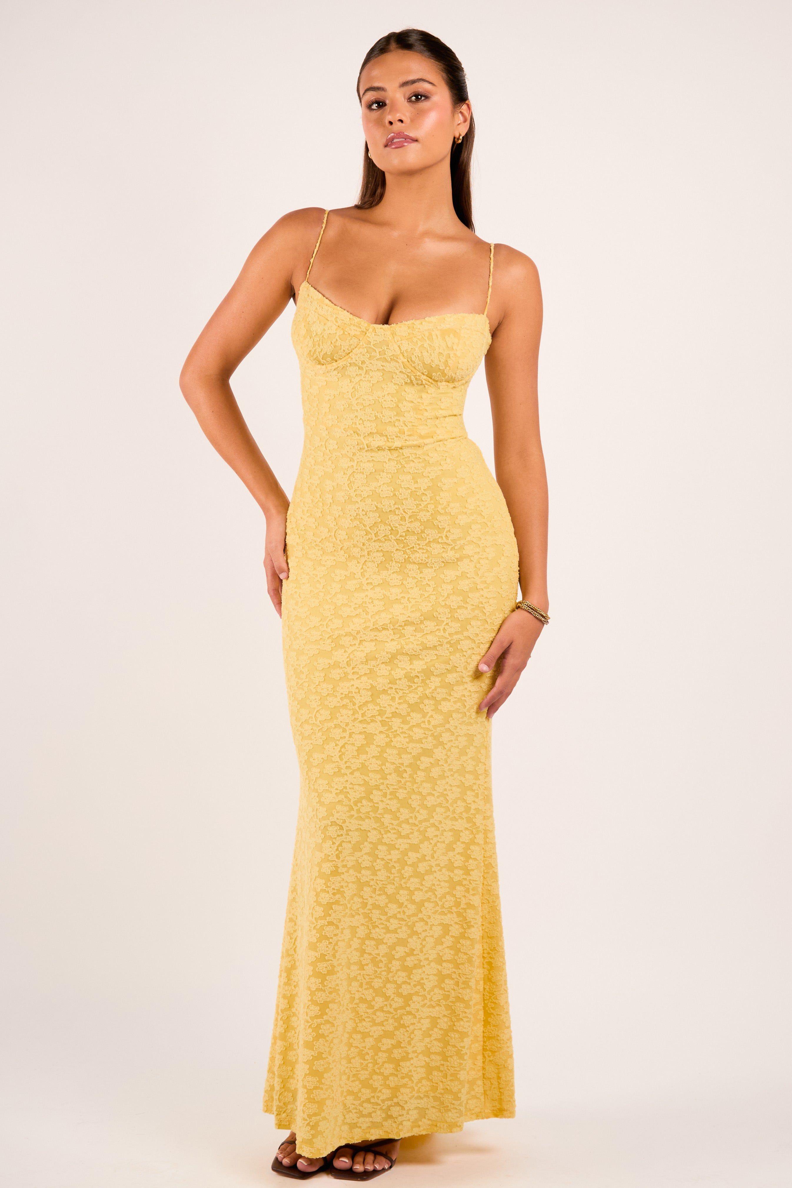 Taria Yellow Floral Flocked Corset Bustier Maxi Dress by JADED ROSE