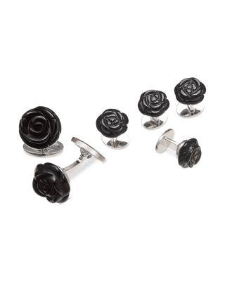 Carved Rose Sterling Silver & Black Onyx Stud & Cufflink Set by JAN LESLIE
