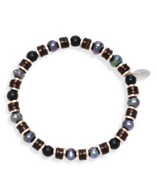Gray Freshwater Pearl & Matte Black Agate Beaded Bracelet by JAN LESLIE