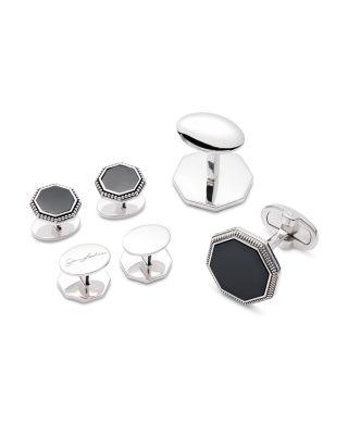 Octagon Gemstone with Antique Border  Cufflinks and Sterling Silver Stud Set by JAN LESLIE