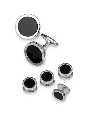 Round Rivet Etched Sterling Silver & Onyx Stud & Cufflink Set by JAN LESLIE