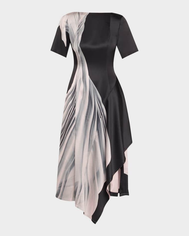 Dancing Pleat Short-Sleeve Asymmetric Midi Dress by JASON WU