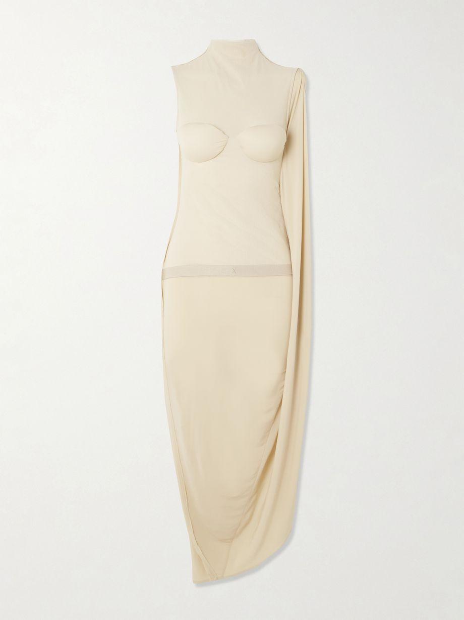 Asymmetric draped appliquéd mesh and stretch-jersey dress by JEAN PAUL GAULTIER