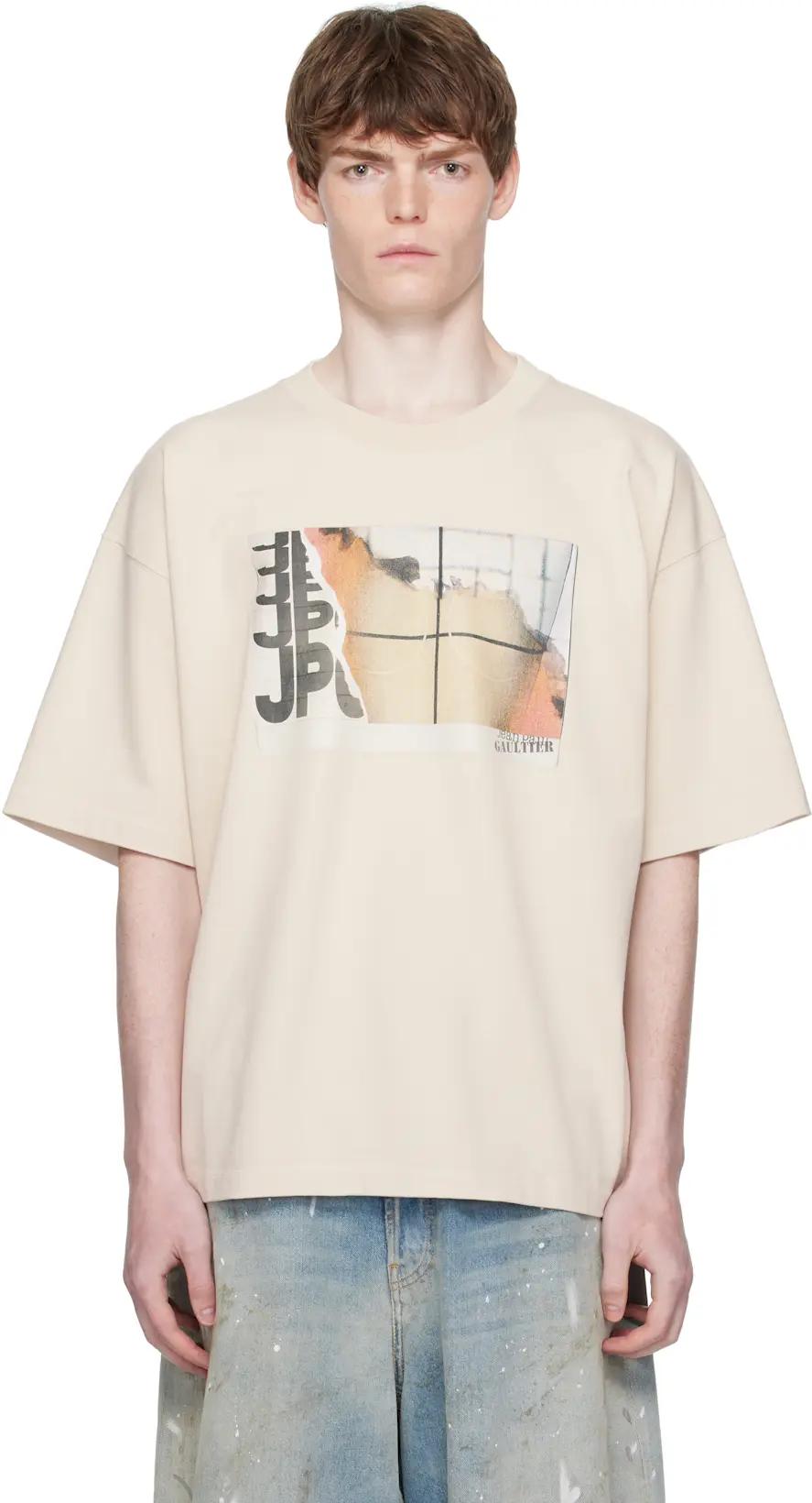 Beige Oversized Printed Fire T-shirt by JEAN PAUL GAULTIER