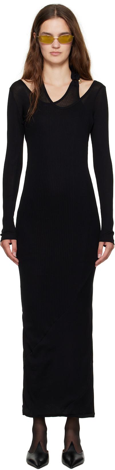 Black Ribbed Twisted Double Layer Piercing Midi Dress by JEAN PAUL GAULTIER