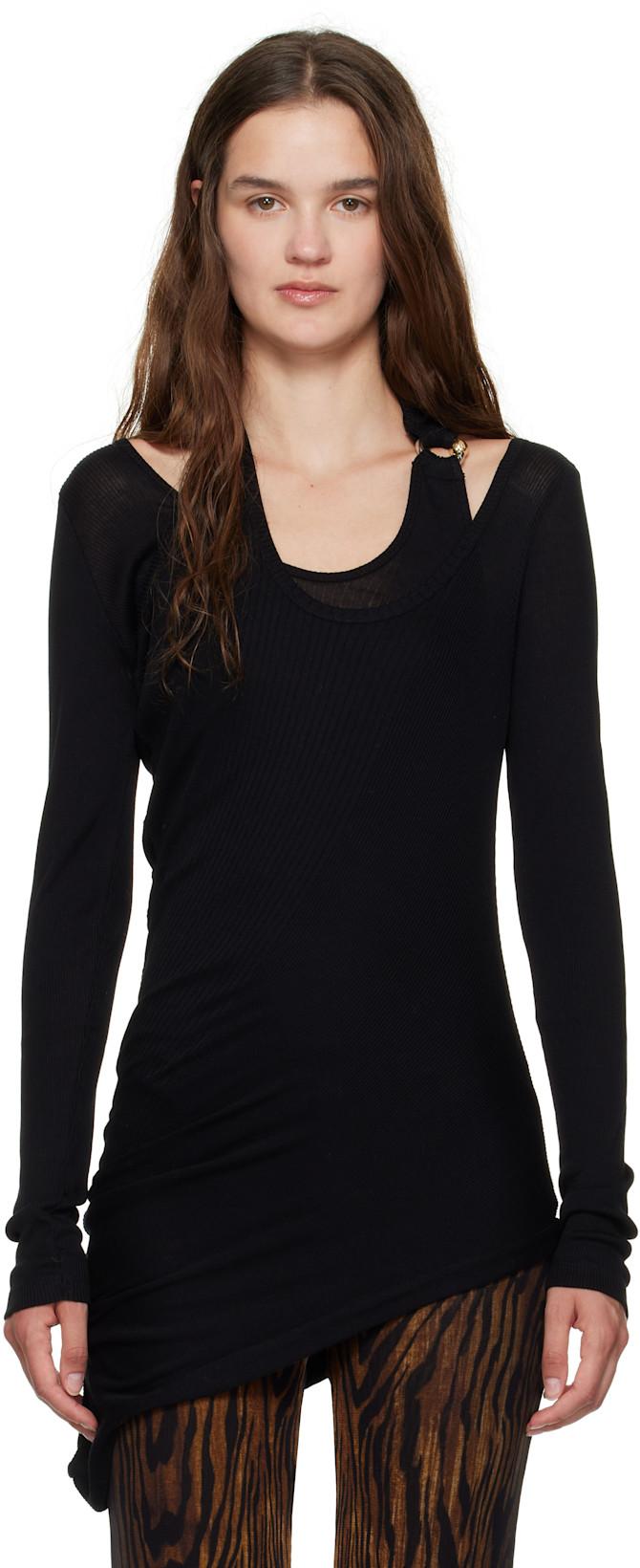 Black Ribbed Twisted Double Layer Piercing T-shirt by JEAN PAUL GAULTIER