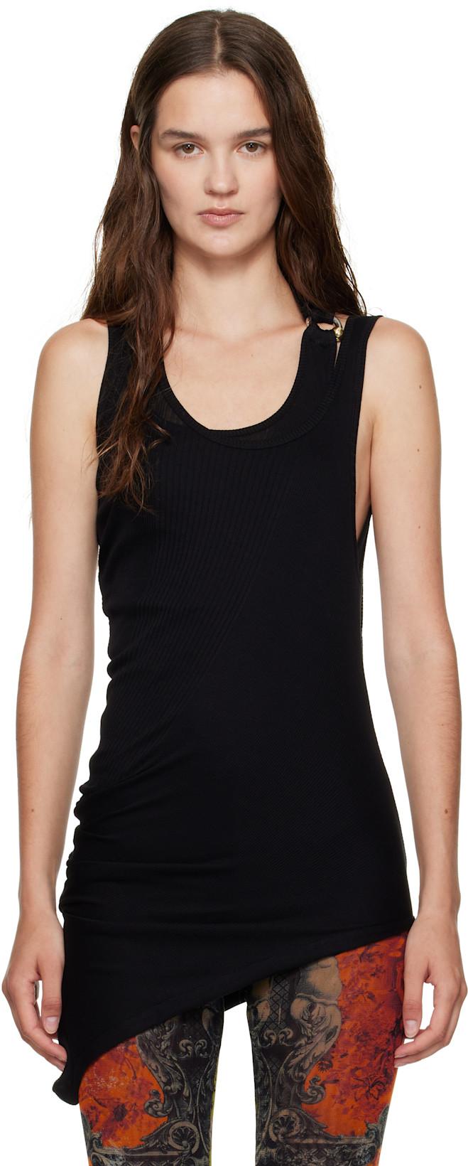 Black Ribbed Twisted Double Layer Piercing Tank Top by JEAN PAUL GAULTIER