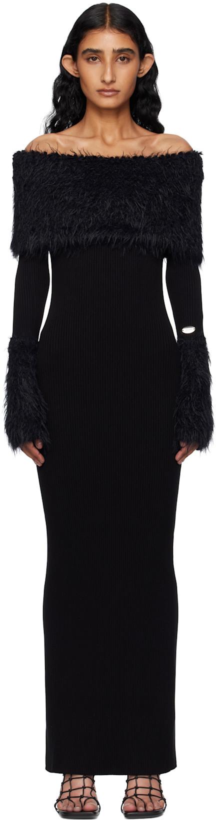 Black Viscose Ribbed & Hairy Maxi Dress by JEAN PAUL GAULTIER