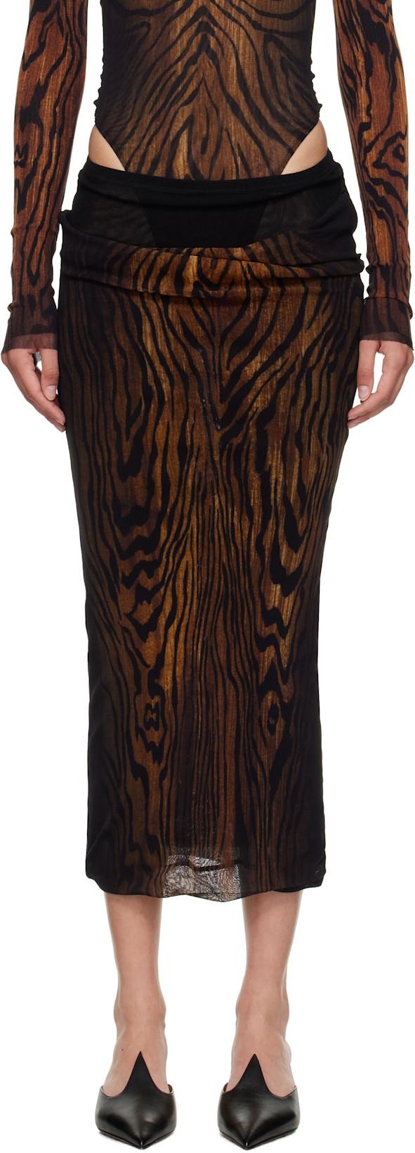 Black & Brown 'The Long Draped Wood' Midi Skirt by JEAN PAUL GAULTIER