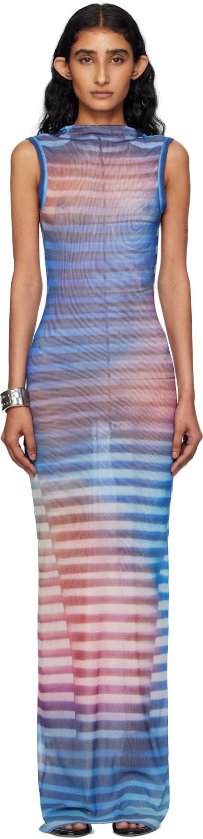Blue & Pink High Neck Open Back Printed Air Maxi Dress by JEAN PAUL GAULTIER
