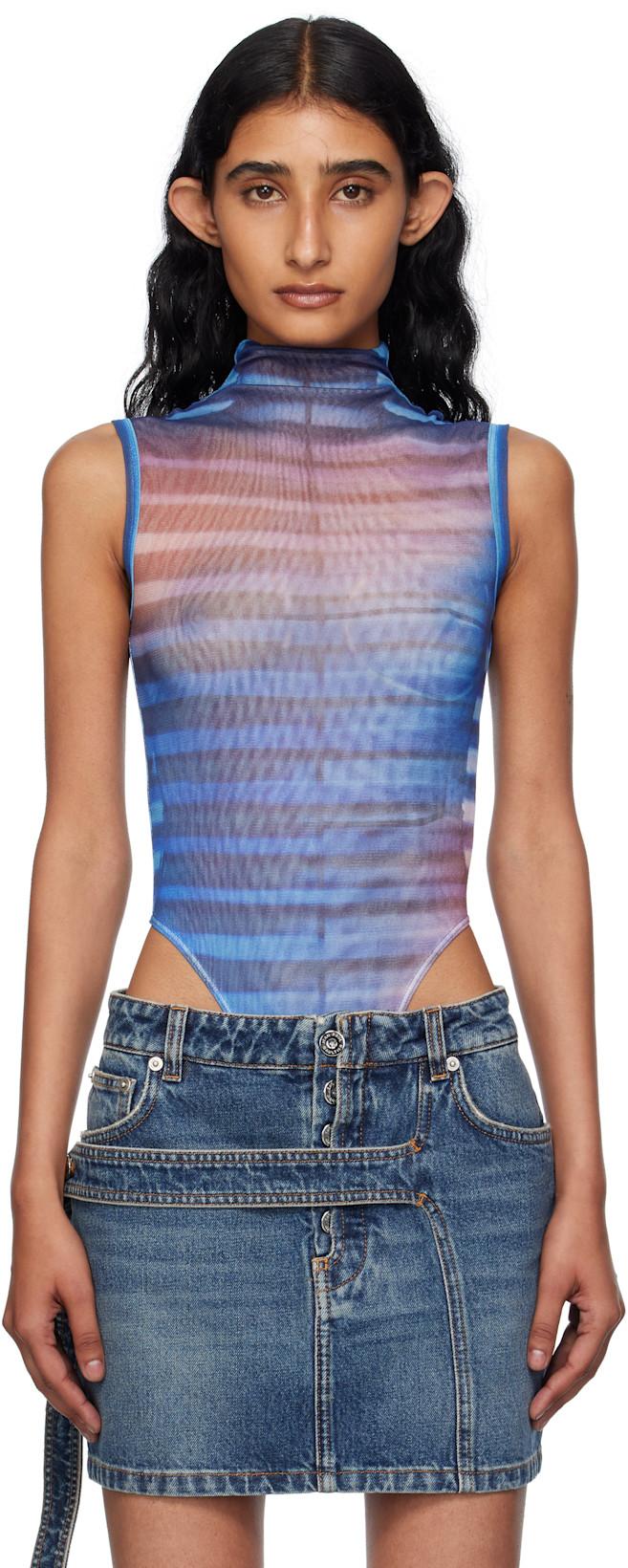 Blue & Pink High Neck Printed Air Bodysuit by JEAN PAUL GAULTIER