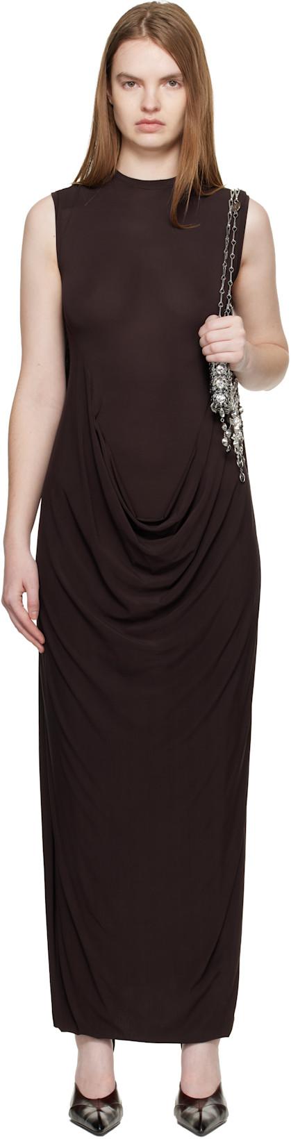 Brown Double Layer Draped Maxi Dress by JEAN PAUL GAULTIER