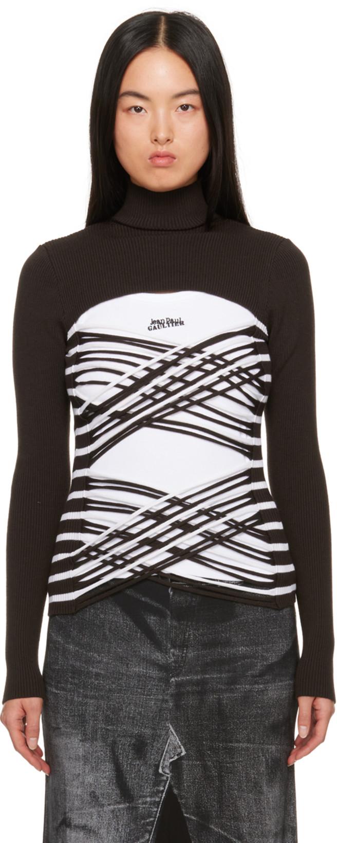 Brown & White Striped Turtleneck by JEAN PAUL GAULTIER