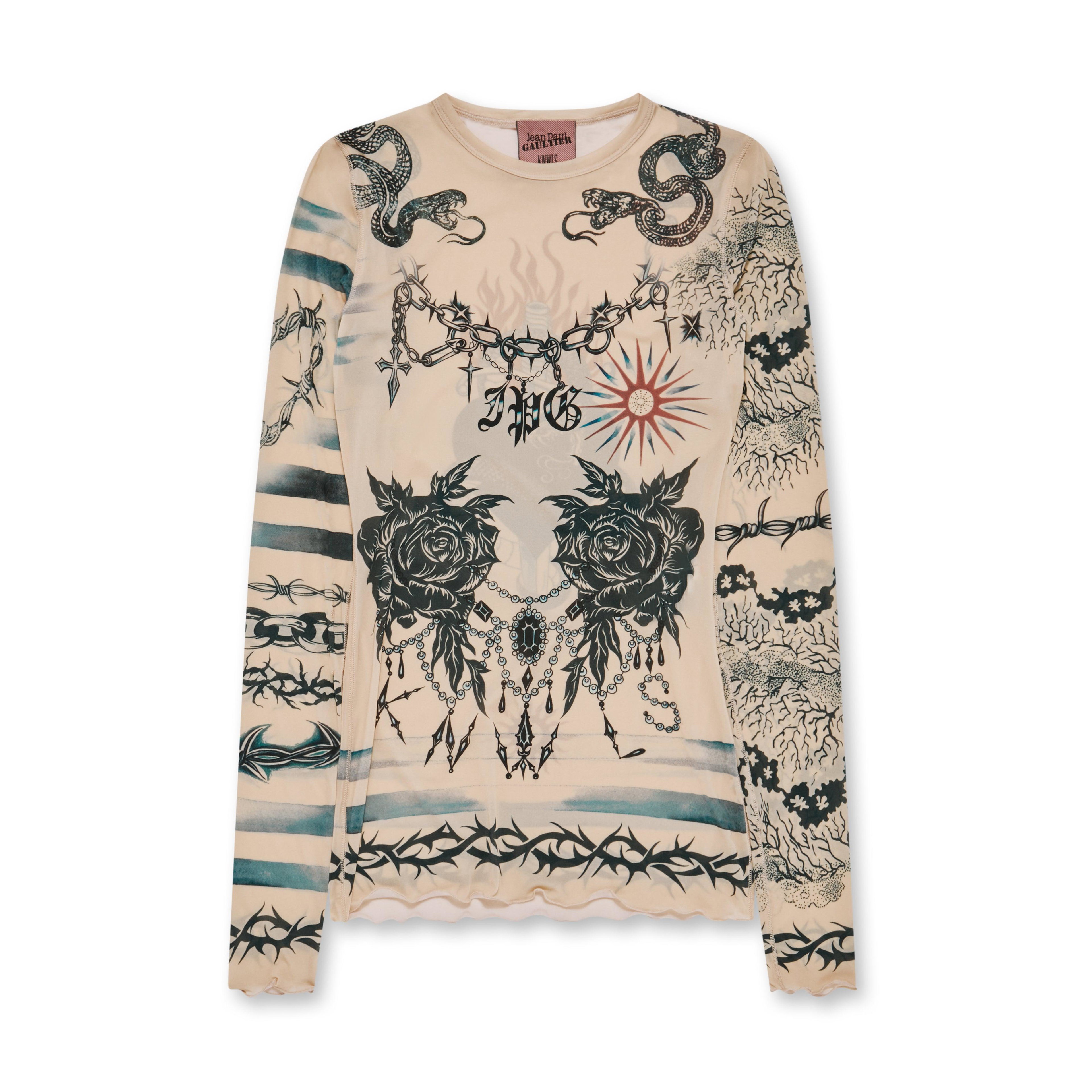 Jean Paul Gaultier - KNWLS Women's Trompe L'Oeil Tattoo Long Sleeve Top - (Nude/Grey/Black) by JEAN PAUL GAULTIER