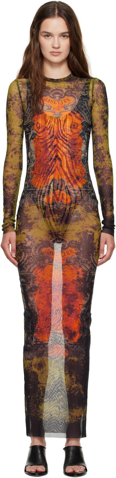 Khaki & Orange 'The Long Médaillon' Maxi Dress by JEAN PAUL GAULTIER