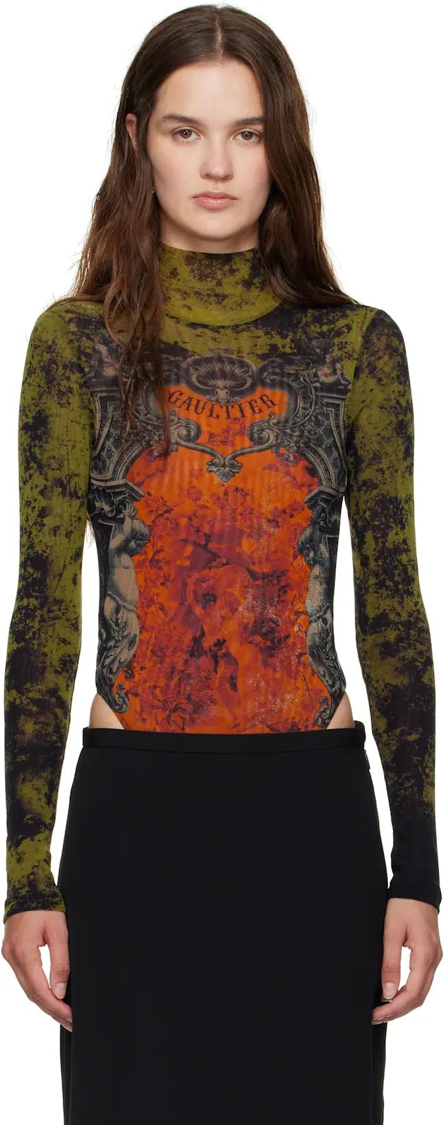 Khaki & Orange 'The Médaillon' Open Back Bodysuit by JEAN PAUL GAULTIER