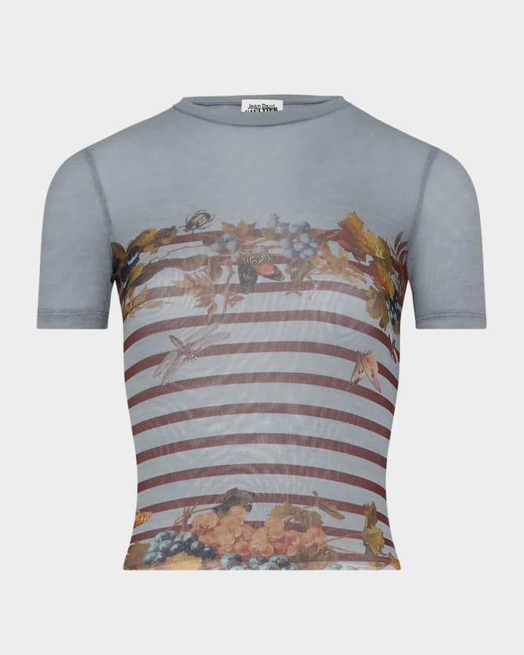 Mariniere Grape Print Mesh Baby Tee by JEAN PAUL GAULTIER