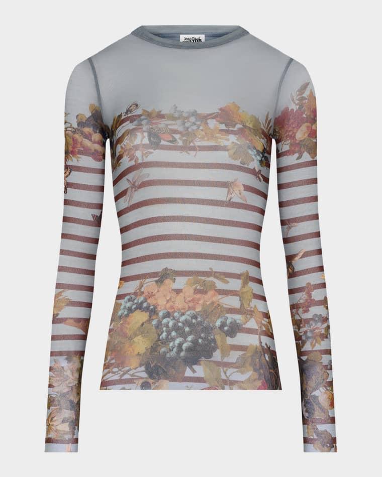 Mariniere Grapes Print Mesh Long-Sleeve Top by JEAN PAUL GAULTIER