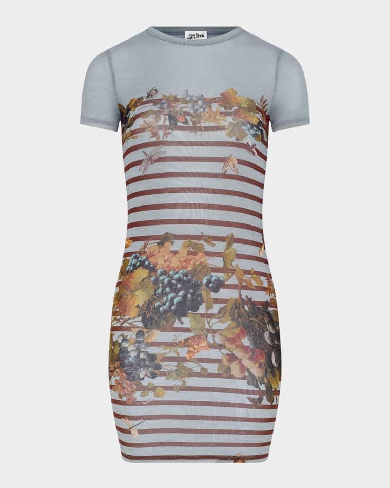 Mariniere Grapes-Print Mesh Short-Sleeve Mini Dress by JEAN PAUL GAULTIER