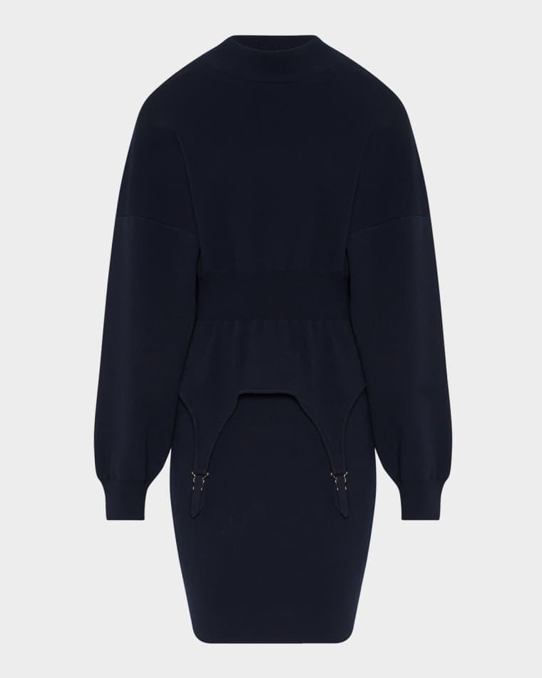 Mock-Neck Rib Harness Peplum Midi Sweater Dress by JEAN PAUL GAULTIER Mock-Neck Rib Harness Peplum Midi Sweater Dress by JEAN PAUL GAULTIER