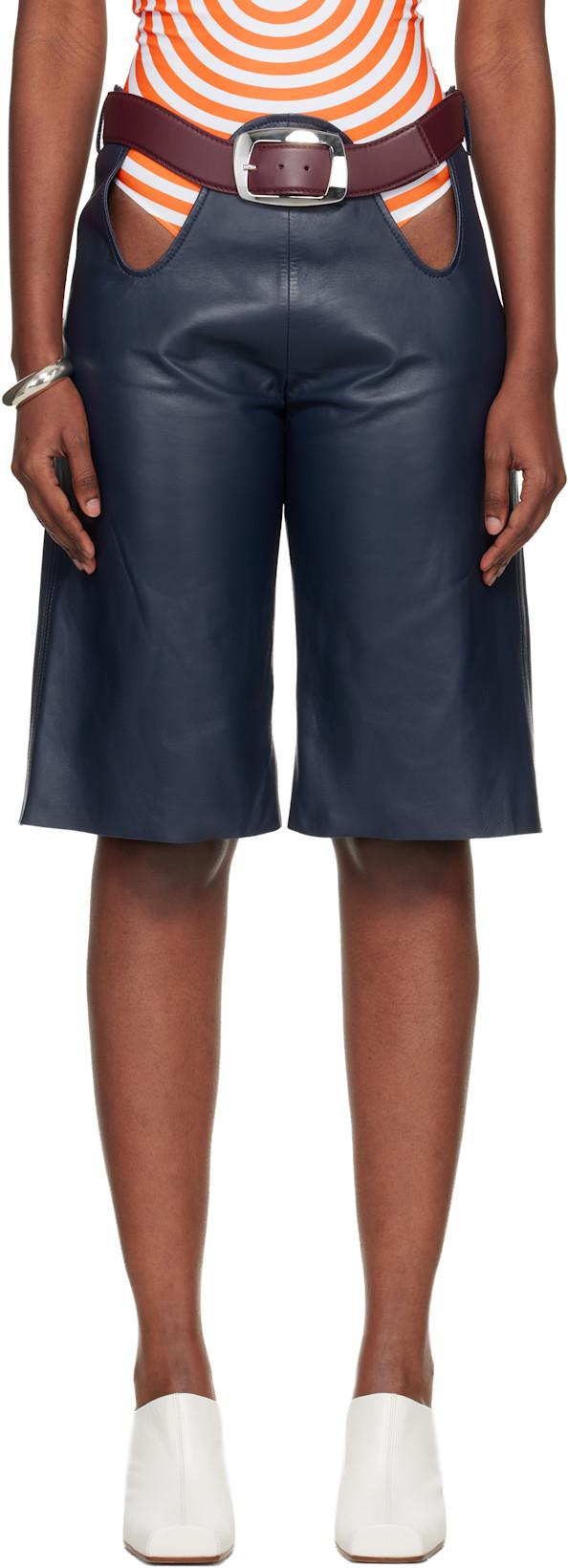 Navy 'The Cut-Out Bermuda' Leather Shorts by JEAN PAUL GAULTIER