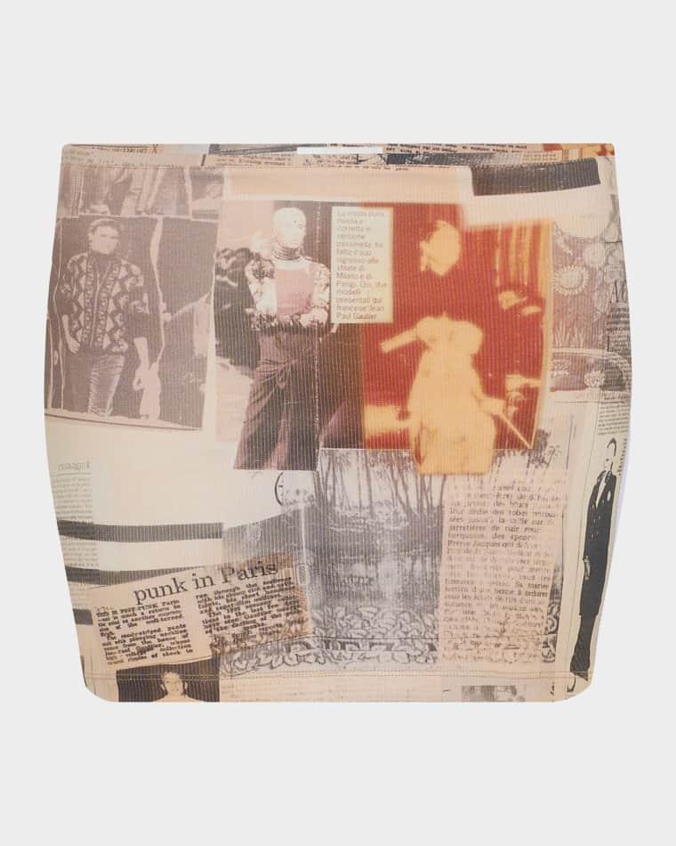 Newspaper-Print Cotton Ribbed Mini Skirt by JEAN PAUL GAULTIER