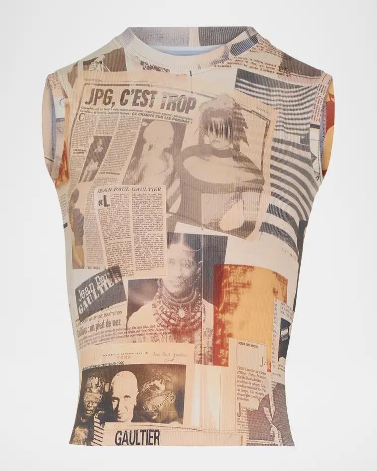 Newspaper-Print Cotton Ribbed Tank Top by JEAN PAUL GAULTIER