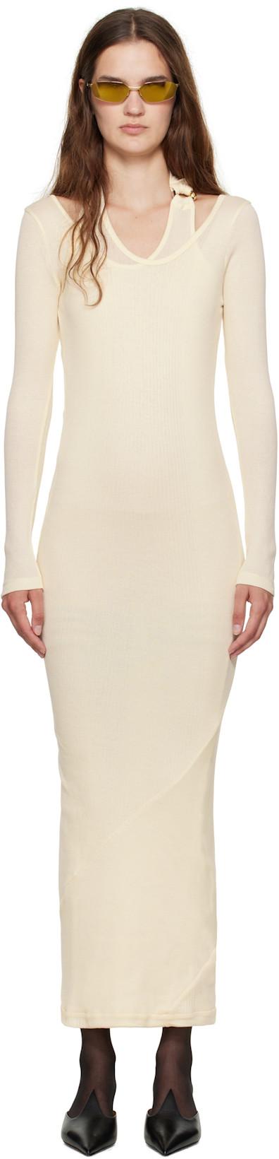Off-White Ribbed Twisted Double Layer Piercing Midi Dress by JEAN PAUL GAULTIER