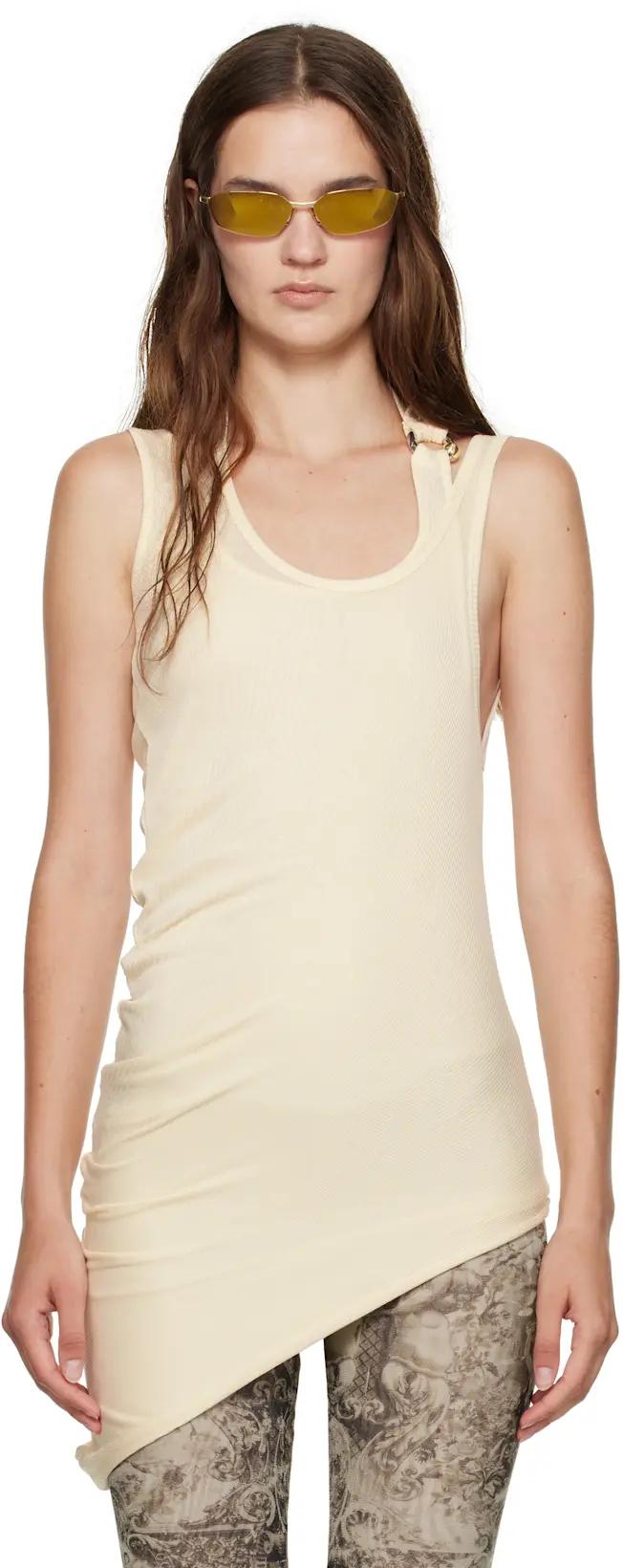 Off-White Ribbed Twisted Double Layer Piercing Tank Top by JEAN PAUL GAULTIER