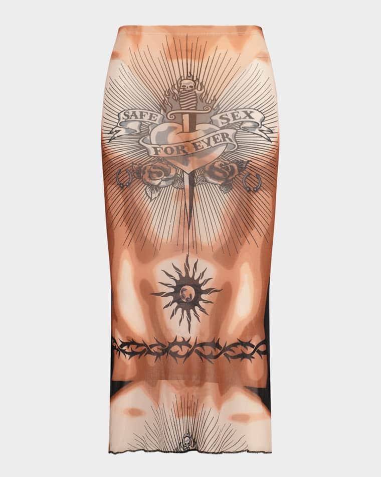Re-Edition Tattoo-Print Mesh Midi Skirt by JEAN PAUL GAULTIER