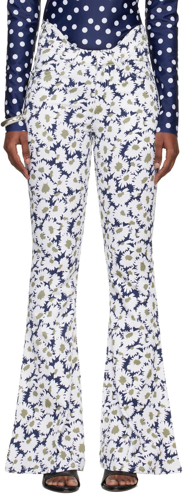 White & Navy 'The Curved Flower' Jeans by JEAN PAUL GAULTIER