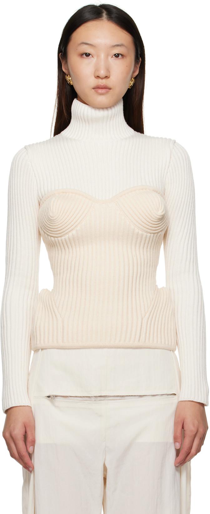 White & Off-White Corset Turtleneck by JEAN PAUL GAULTIER