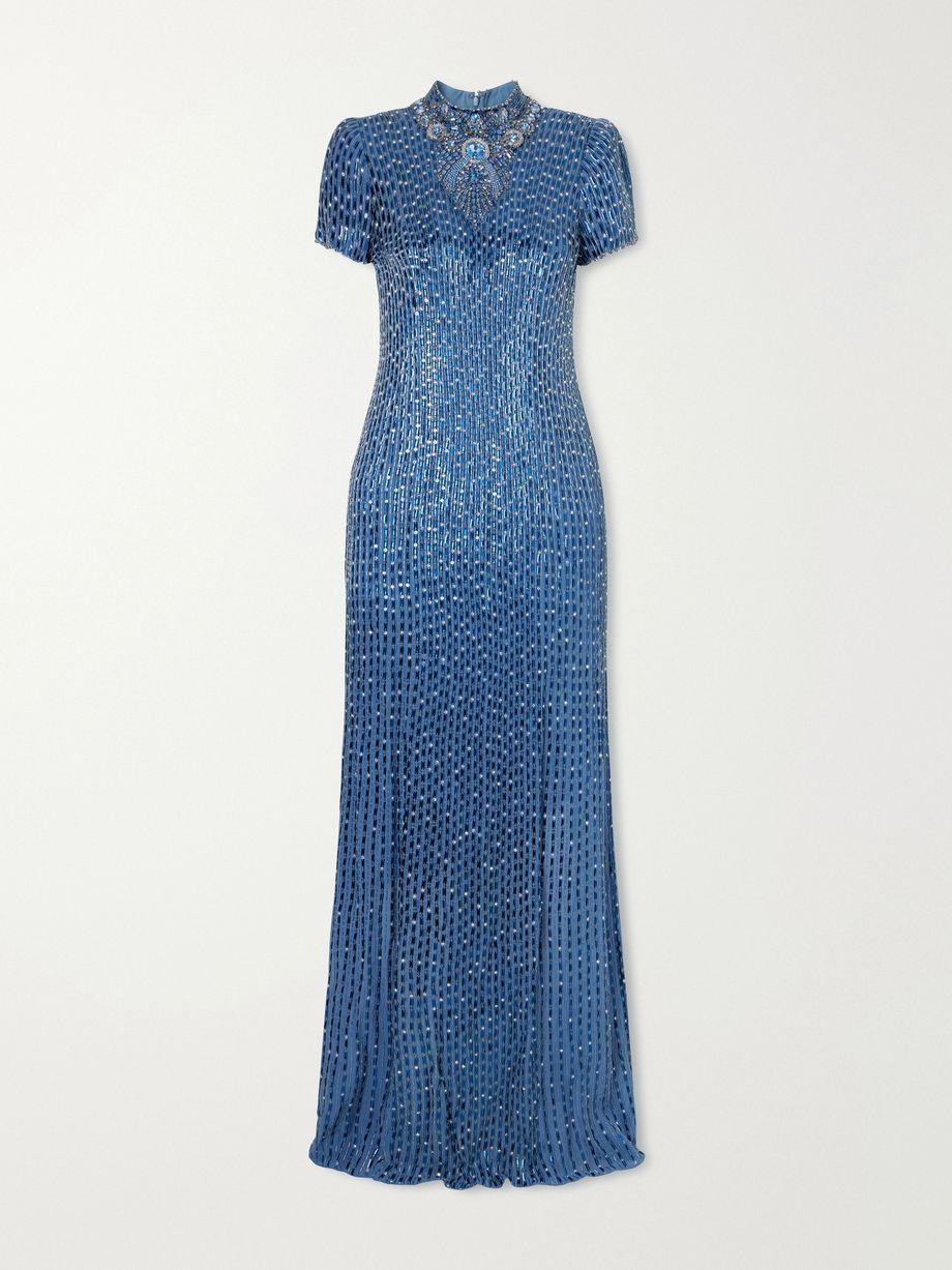 Amber cape-effect embellished crepe gown by JENNY PACKHAM