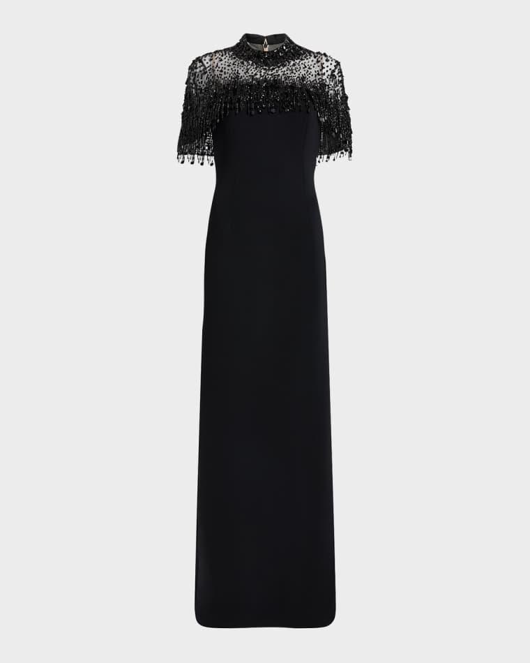 Livia Crystal Fringe Capelet Column Gown by JENNY PACKHAM