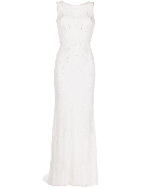 crystal-embellished embroidered fitted gown by JENNY PACKHAM