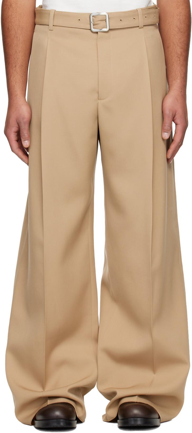 Beige Wool Gabardine Belted Trousers by JIL SANDER