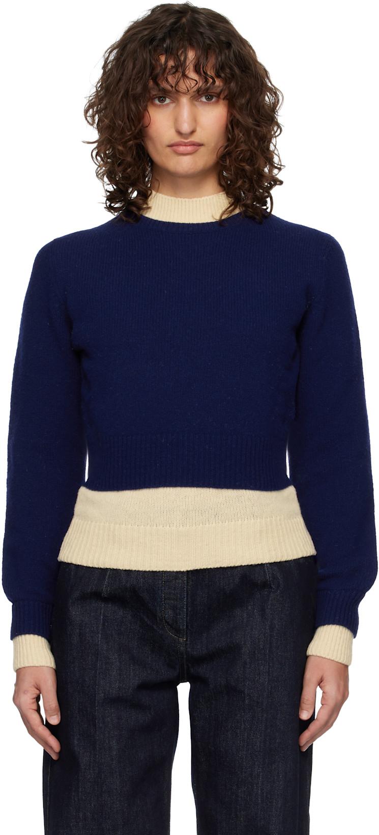 Blue & Off-White Wool Mock-Neck Sweater by JIL SANDER