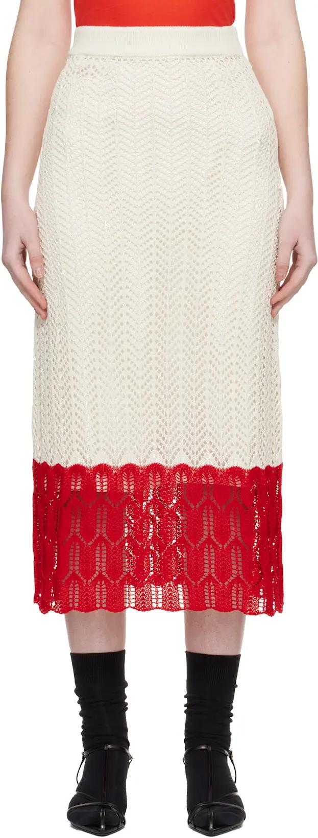 Off-White & Red Bicolor Lace Midi Skirt by JIL SANDER