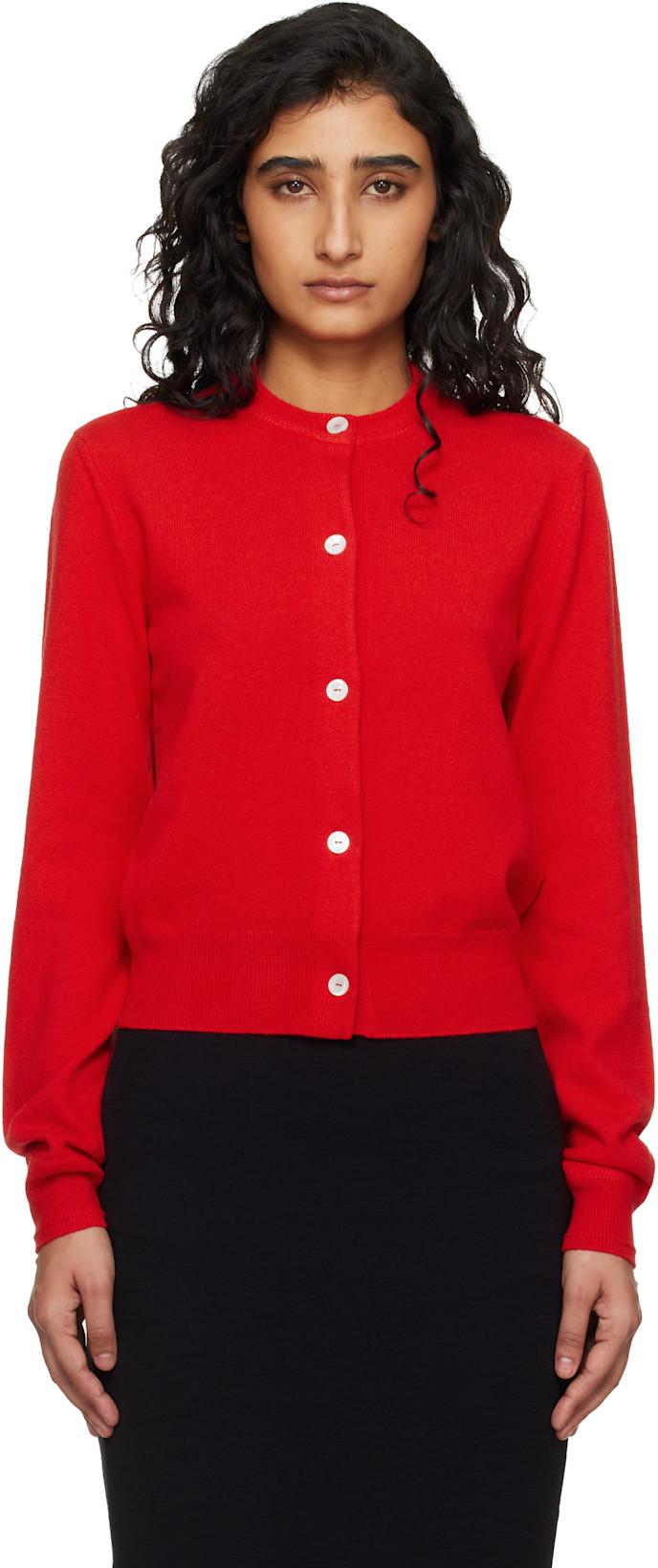 Red Lightweight Wool Crew Neck Cardigan by JIL SANDER